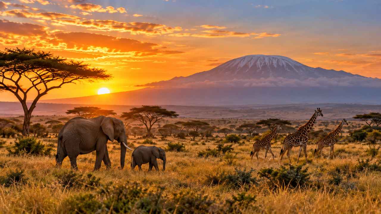 Gajah dewasa dan anaknya berjalan di savana saat matahari terbenam, dengan jerapah dan Gunung Kilimanjaro di latar belakang