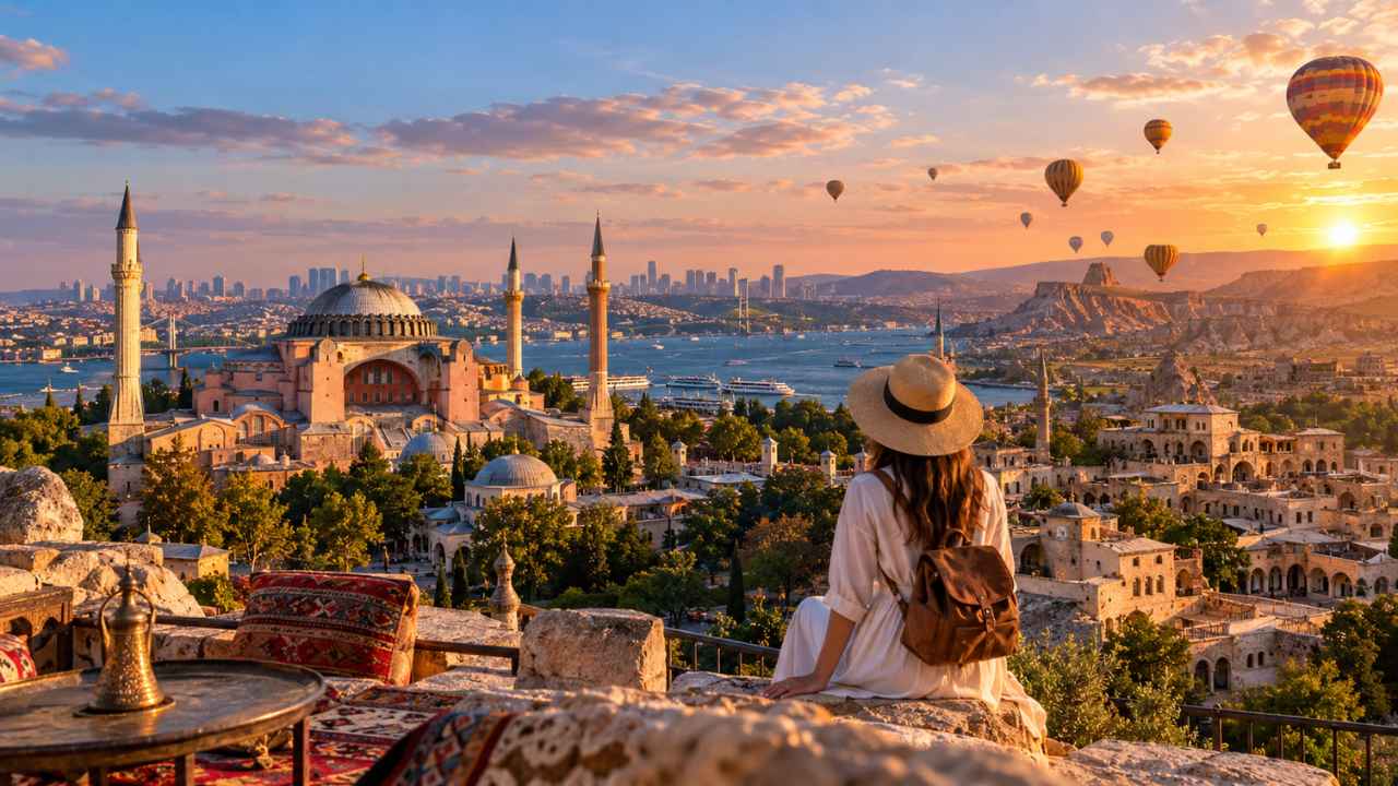 Seorang wisatawan bertopi lebar duduk di teras batu memandang Hagia Sophia dan cakrawala kota Istanbul, Turki, dengan balon udara di langit senja keemasan