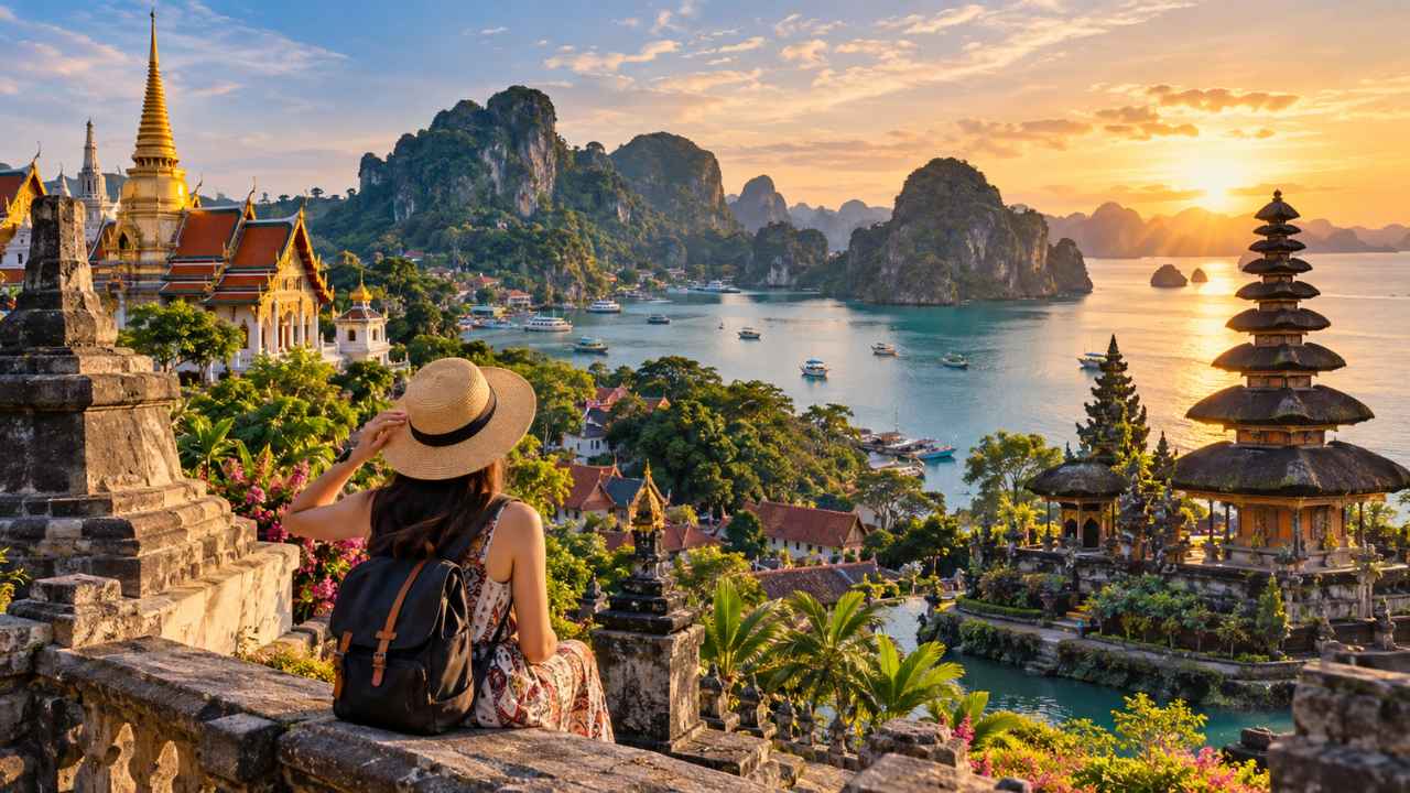 Seorang wisatawan bertopi lebar duduk di dinding batu sambil memandang gugusan pulau karst, kuil Thailand, pura Bali, dan laut biru kehijauan saat matahari terbenam di Asia Tenggara