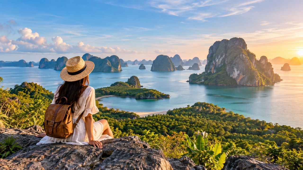 Seorang wisatawan berhati lebar duduk di tebing berbatu sambil memandang gugusan pulau karst, laut biru kehijauan, dan langit senja keemasan di Asia Tenggara
