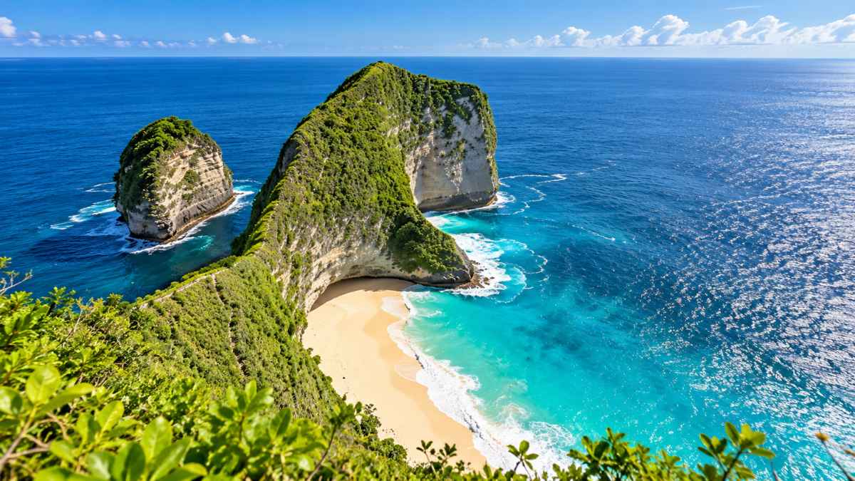 Tebing Kelingking Beach di Nusa Penida dengan laut biru toska dan pantai pasir putih di bawahnya