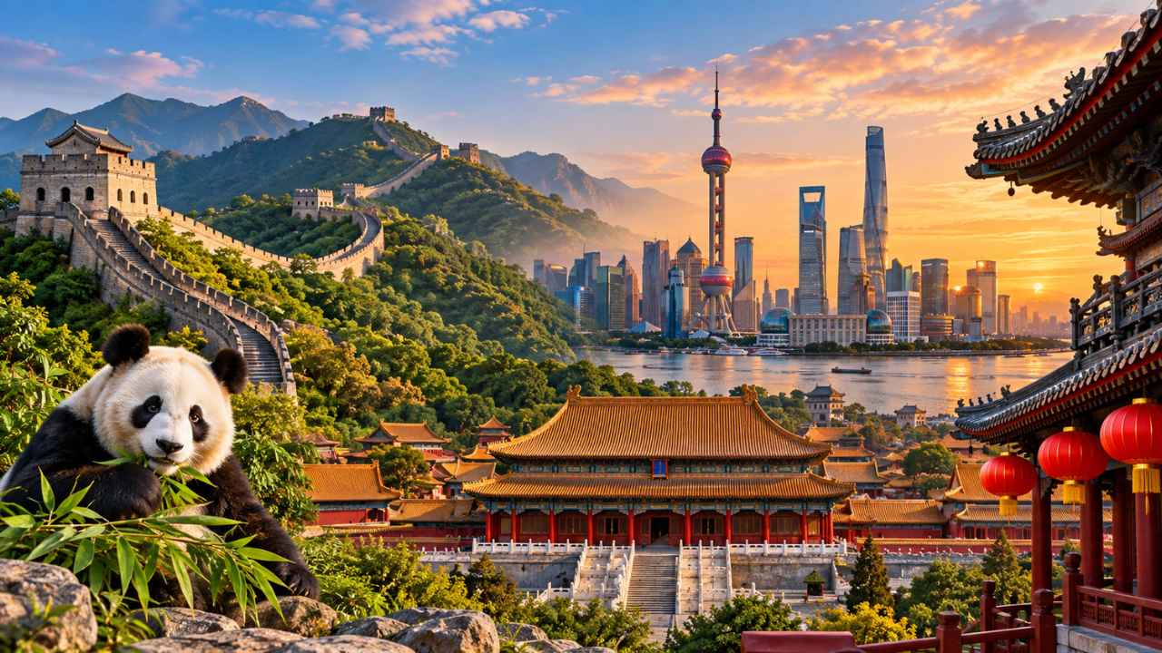 Ilustrasi wisata China dengan panda raksasa, Tembok Besar China, dan cakrawala kota Shanghai