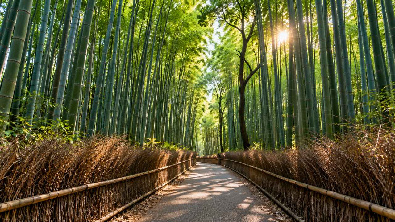 Jalur setapak di antara rumpun bambu tinggi Arashiyama, Kyoto, Jepang, dengan sinar matahari menembus dedaunan