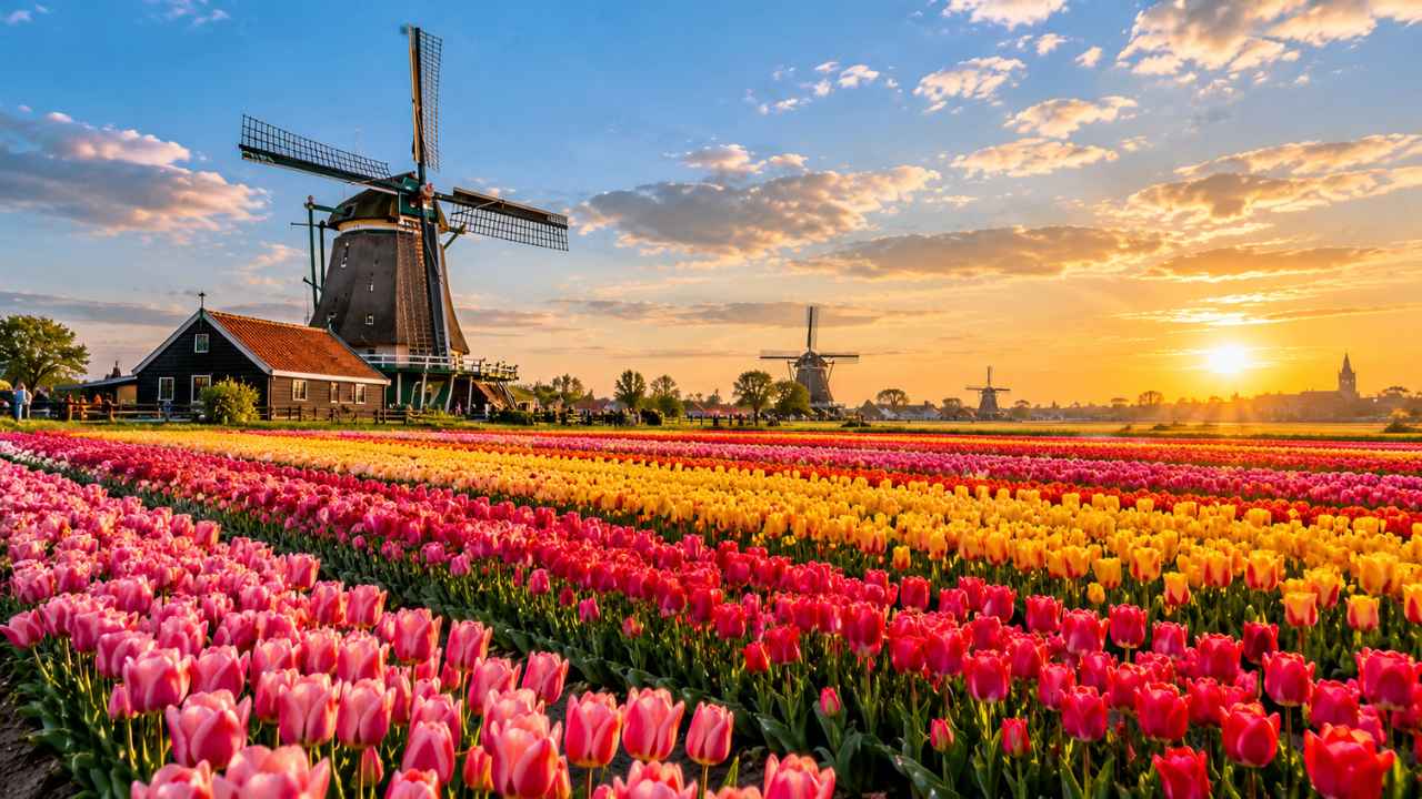 Hamparan bunga tulip berwarna merah, kuning, dan merah muda di depan kincir angin Belanda saat matahari terbit