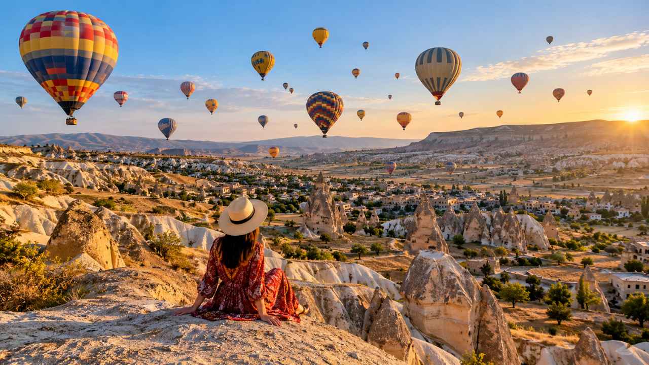 Balon udara terbang di atas formasi batu Cappadocia, Turki, saat matahari terbit, dengan wisatawan duduk memandang lembah