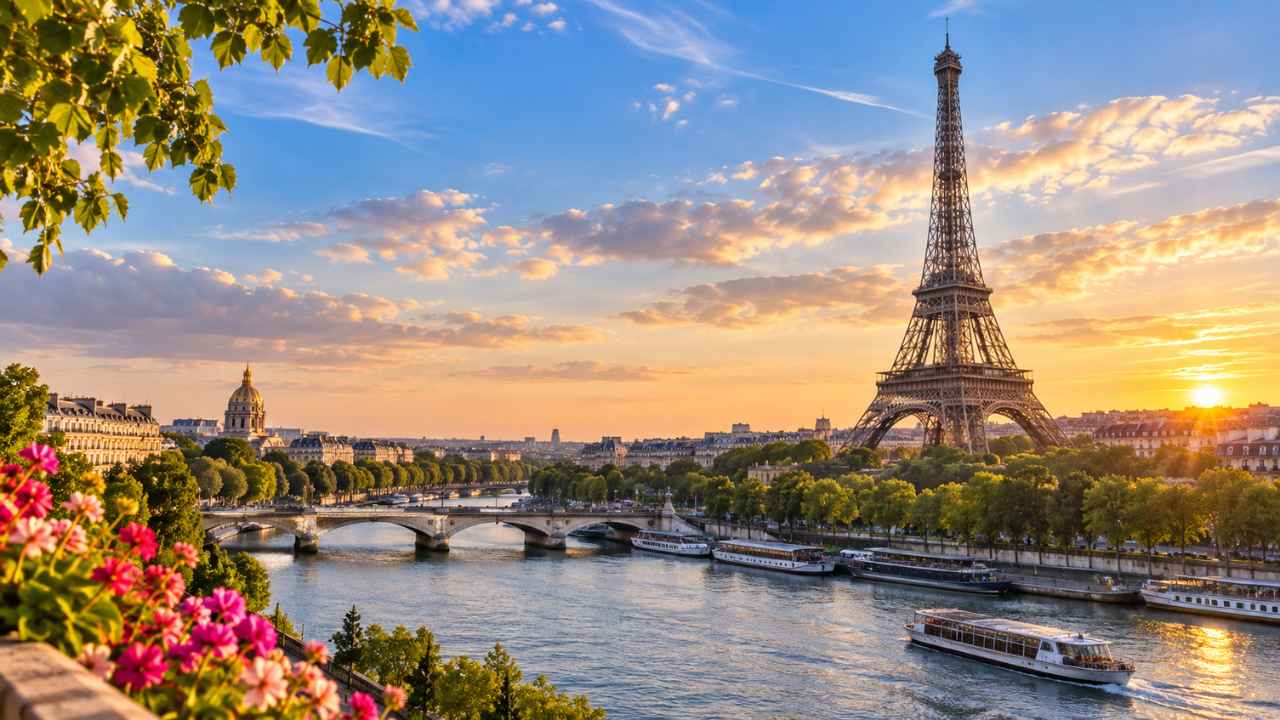 Menara Eiffel di tepi Sungai Seine saat matahari terbenam, dengan jembatan, pohon hijau, dan perahu wisata di sekitarnya