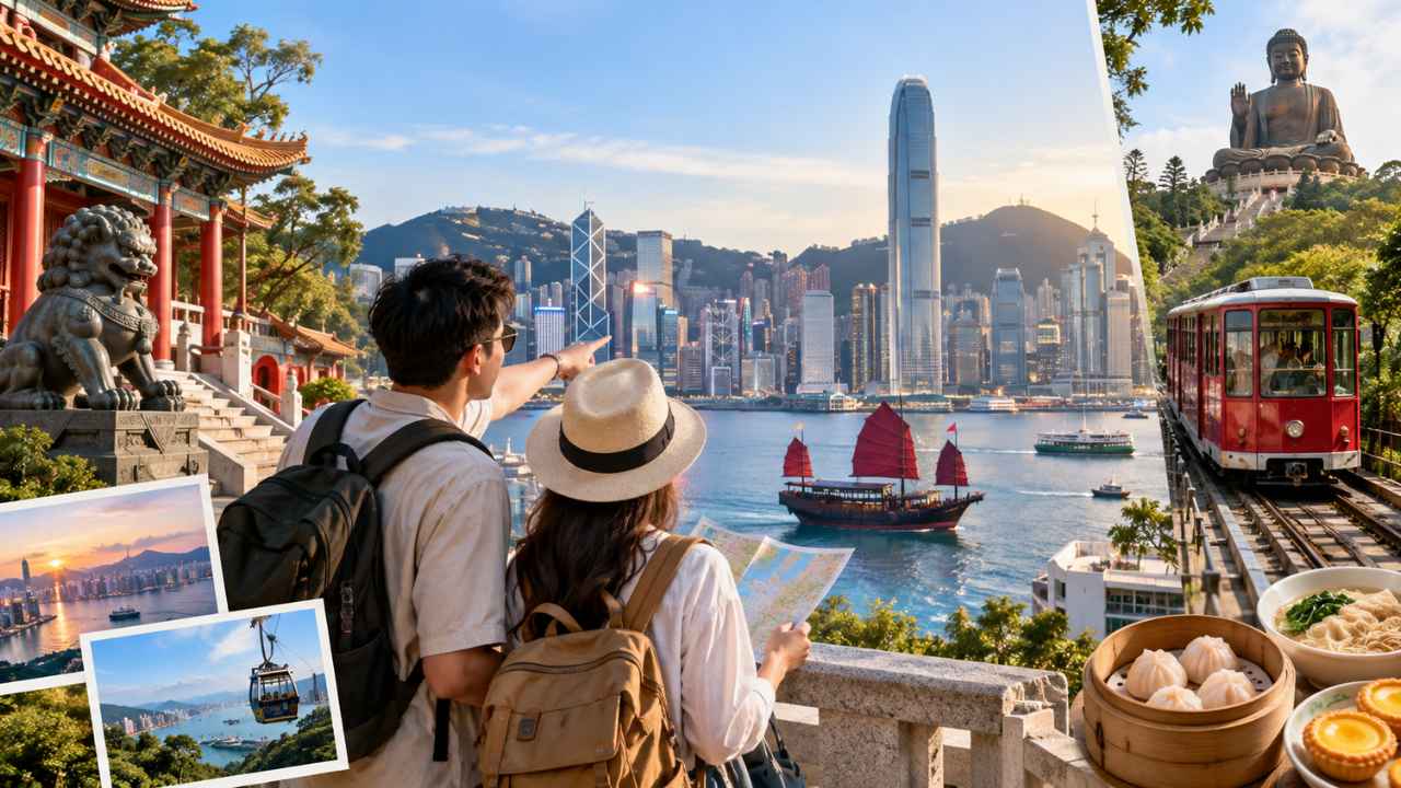 Cakrawala Hong Kong dengan gedung pencakar langit di tepi Victoria Harbour