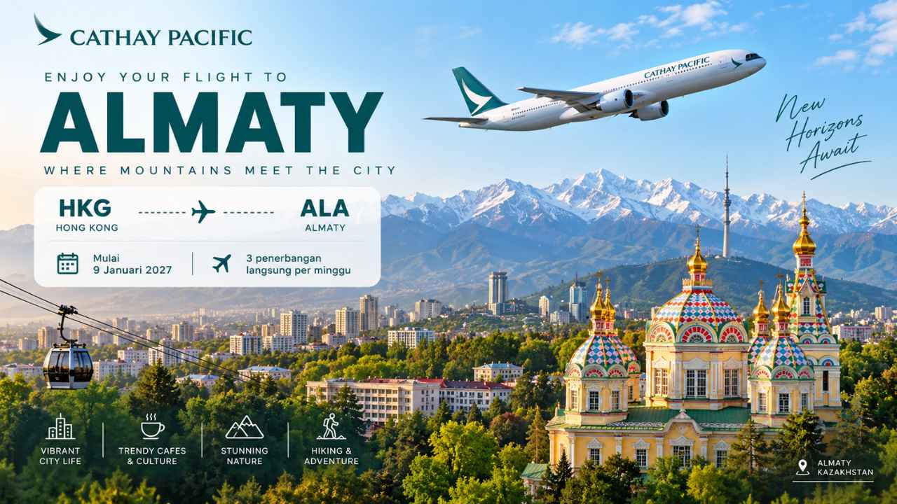 Pesawat Cathay Pacific dengan latar pegunungan Tian Shan di Almaty, Kazakhstan