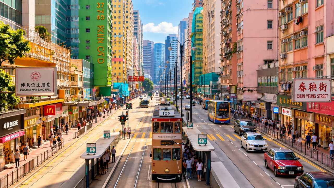 Trem bersejarah melintas di antara lapak pasar basah Chun Yeung Street di North Point