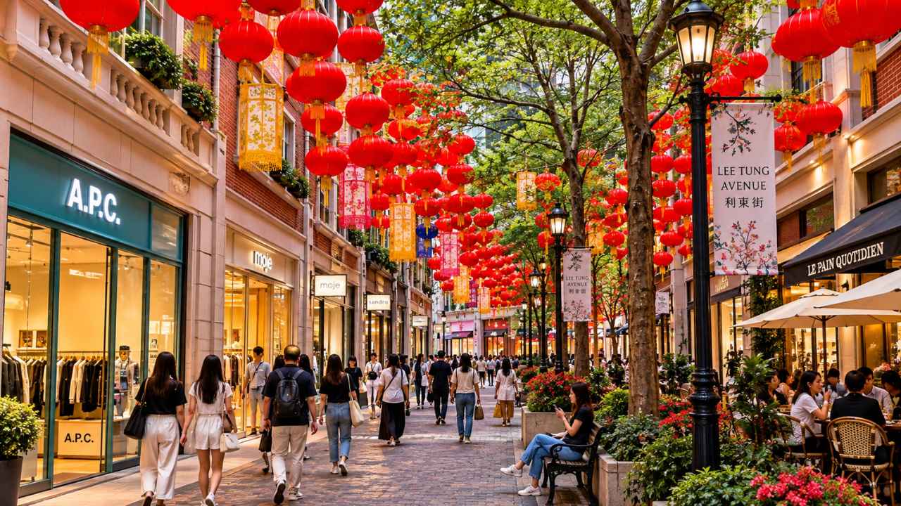 Jalan pedestrian Lee Tung Avenue di Wan Chai dengan deretan kafe dan dekorasi kawasan