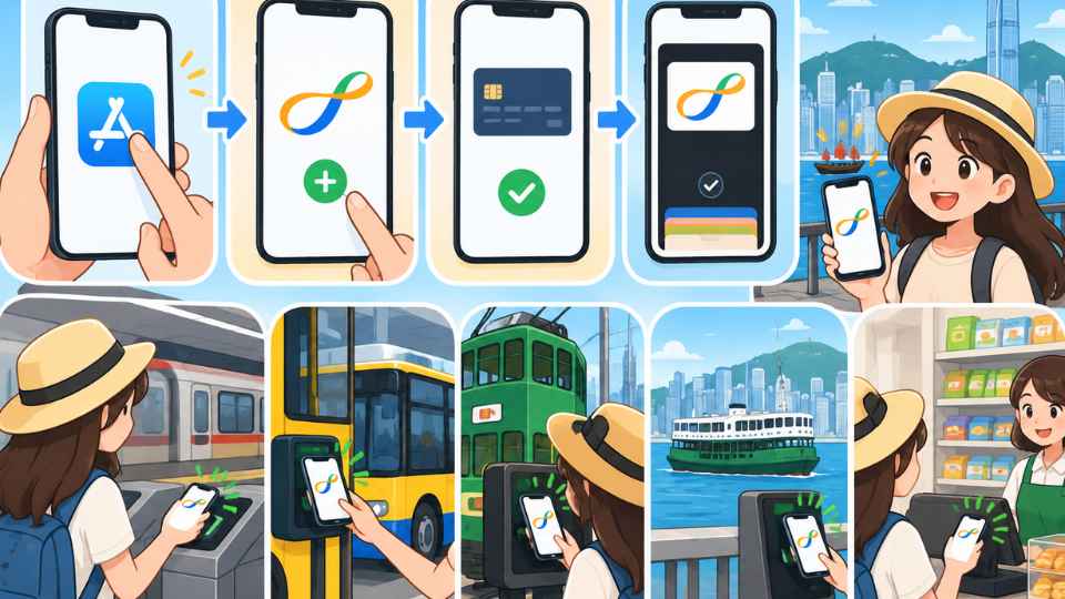 Ilustrasi langkah menambahkan Tourist Octopus Card digital ke Apple Wallet di iPhone dan memakainya di gerbang MTR, bus, tram, feri, serta toko di Hong Kong