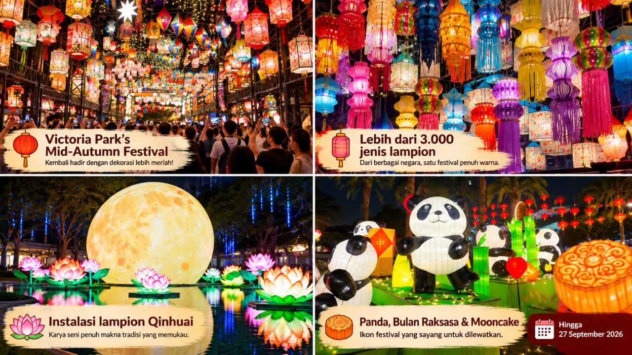 Lampion warna-warni dan instalasi cahaya memenuhi Victoria Park Hong Kong pada Festival Mid-Autumn