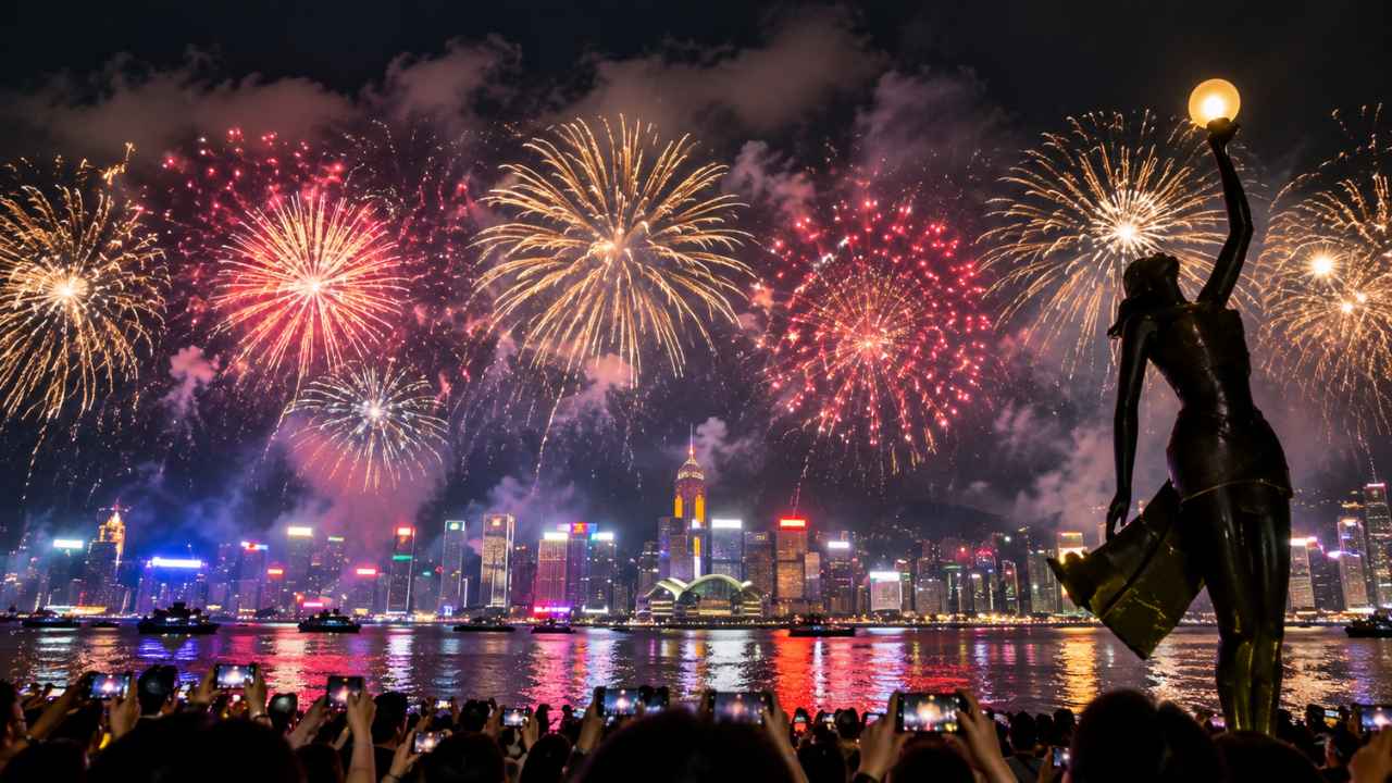 Kembang api merah dan emas meledak di atas cakrawala Victoria Harbour dengan patung di tepi promenade Tsim Sha Tsui di latar depan