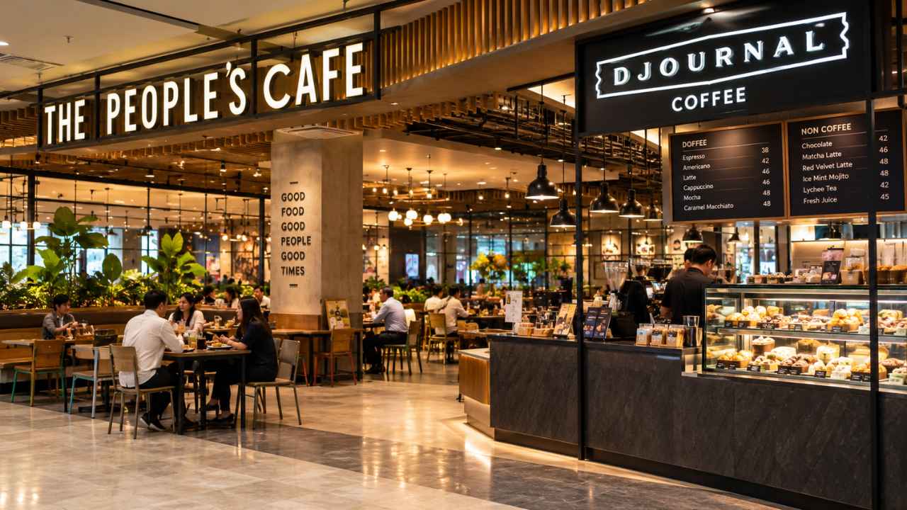 Interior kolaborasi The People’s Cafe dan Djournal Coffee di WTC Sudirman: papan nama kedua merek, area duduk kayu, konter kopi, dan etalase kue