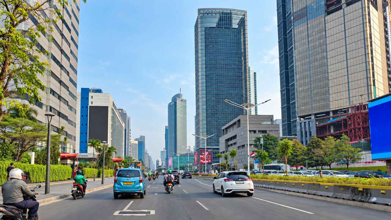 Bundaran Hotel Indonesia (HI) on Jalan M.H. Thamrin with Jakarta skyscrapers around it