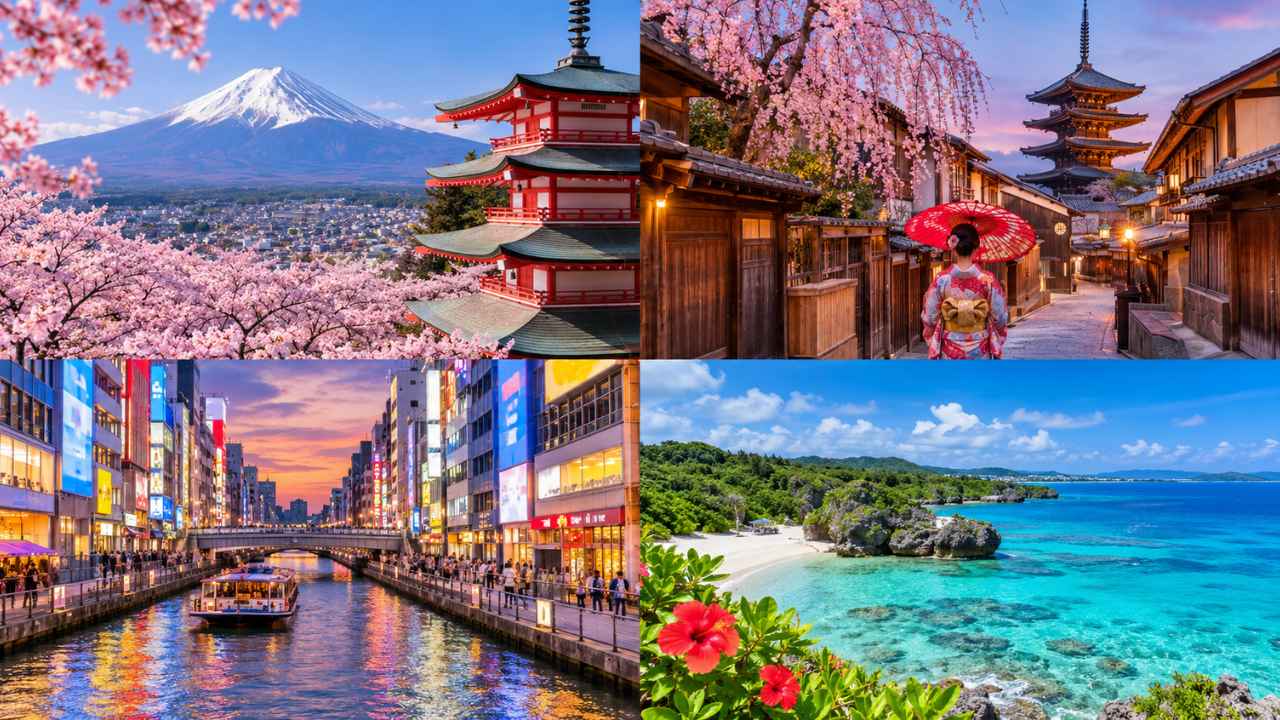 Bunga sakura bermekaran dengan latar Gunung Fuji dan bangunan khas Jepang