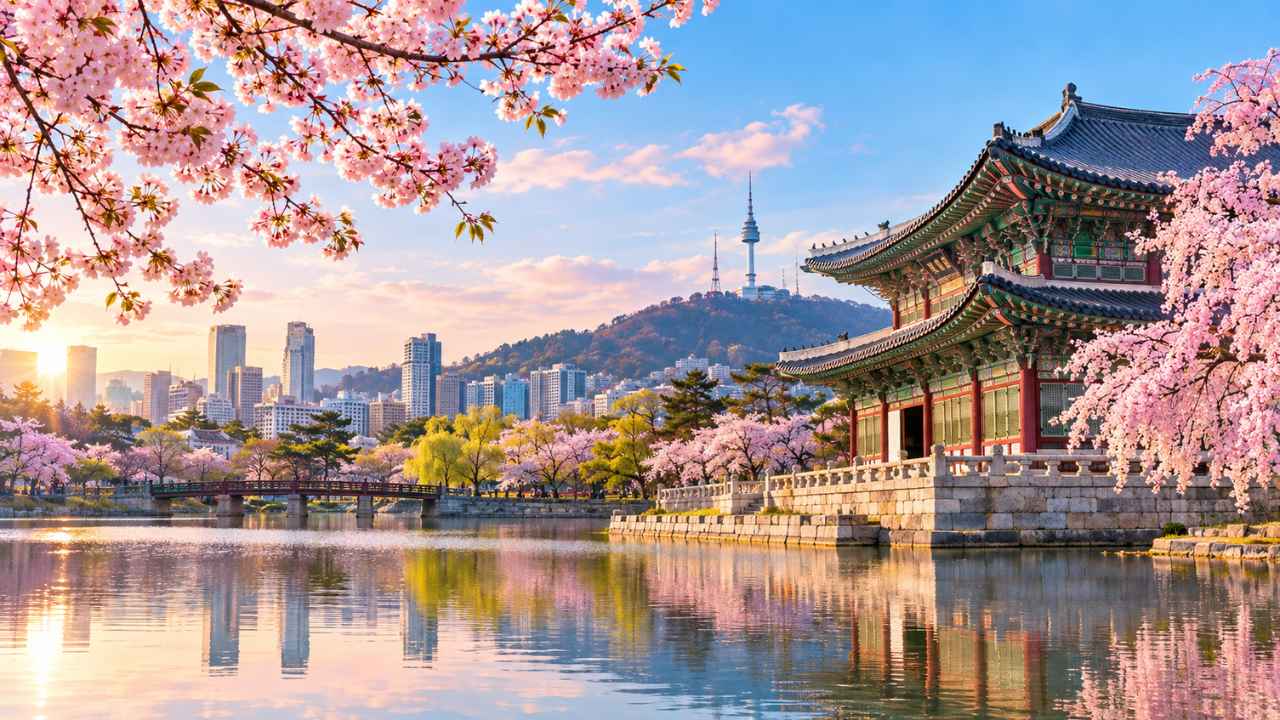 Bunga sakura bermekaran di depan paviliun istana bergaya Korea di tepi kolam, dengan latar N Seoul Tower dan cakrawala Kota Seoul