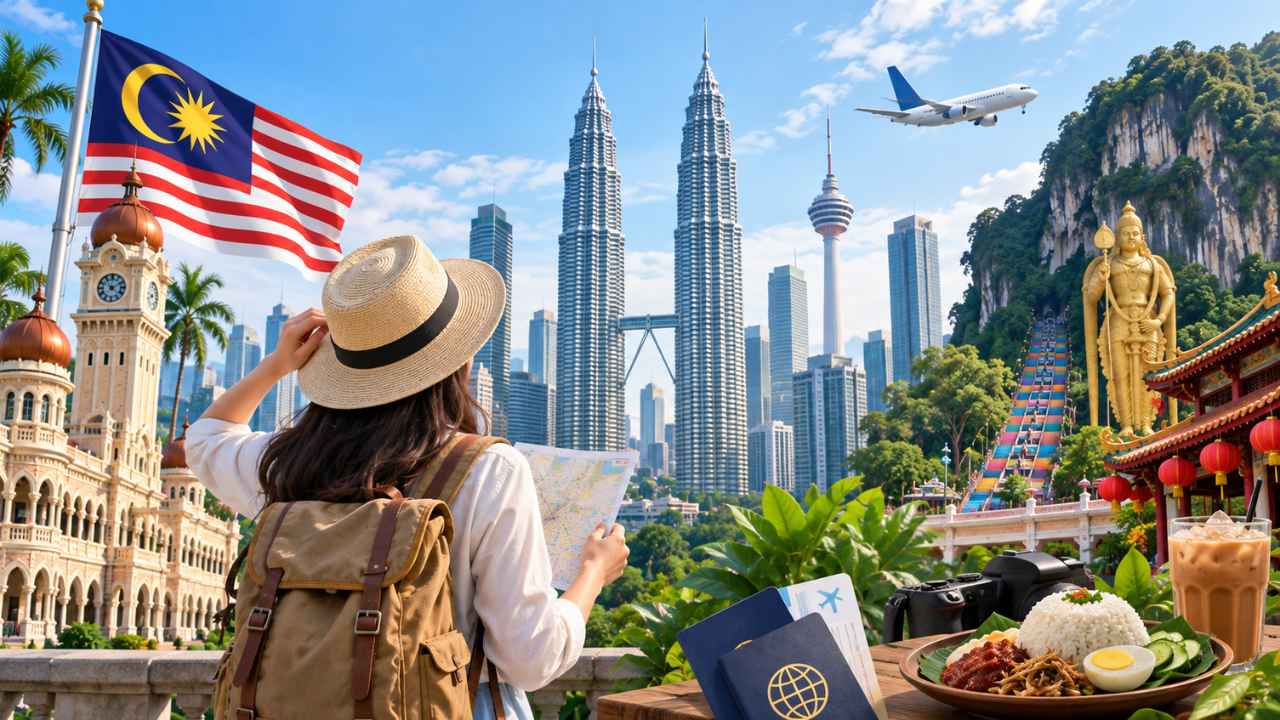 Ilustrasi wisatawan memegang peta menghadap ikon Kuala Lumpur: Menara Kembar Petronas, Menara KL, bangunan Sultan Abdul Samad, patung Dewa Murugan di Batu Caves, hidangan nasi lemak, dan teh tarik