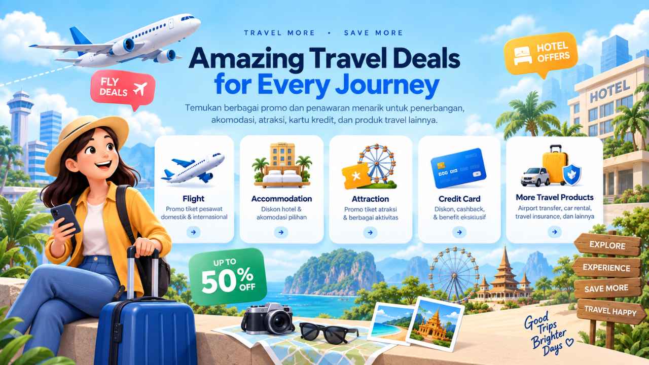 Ilustrasi promo perjalanan Travelawan dengan tiket pesawat, kamar hotel, dan simbol diskon