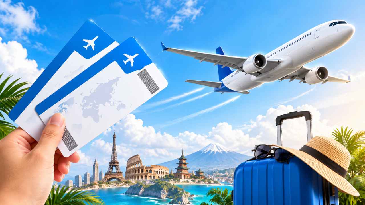 Ilustrasi promo tiket pesawat dengan pesawat komersial, ponsel, dan simbol diskon