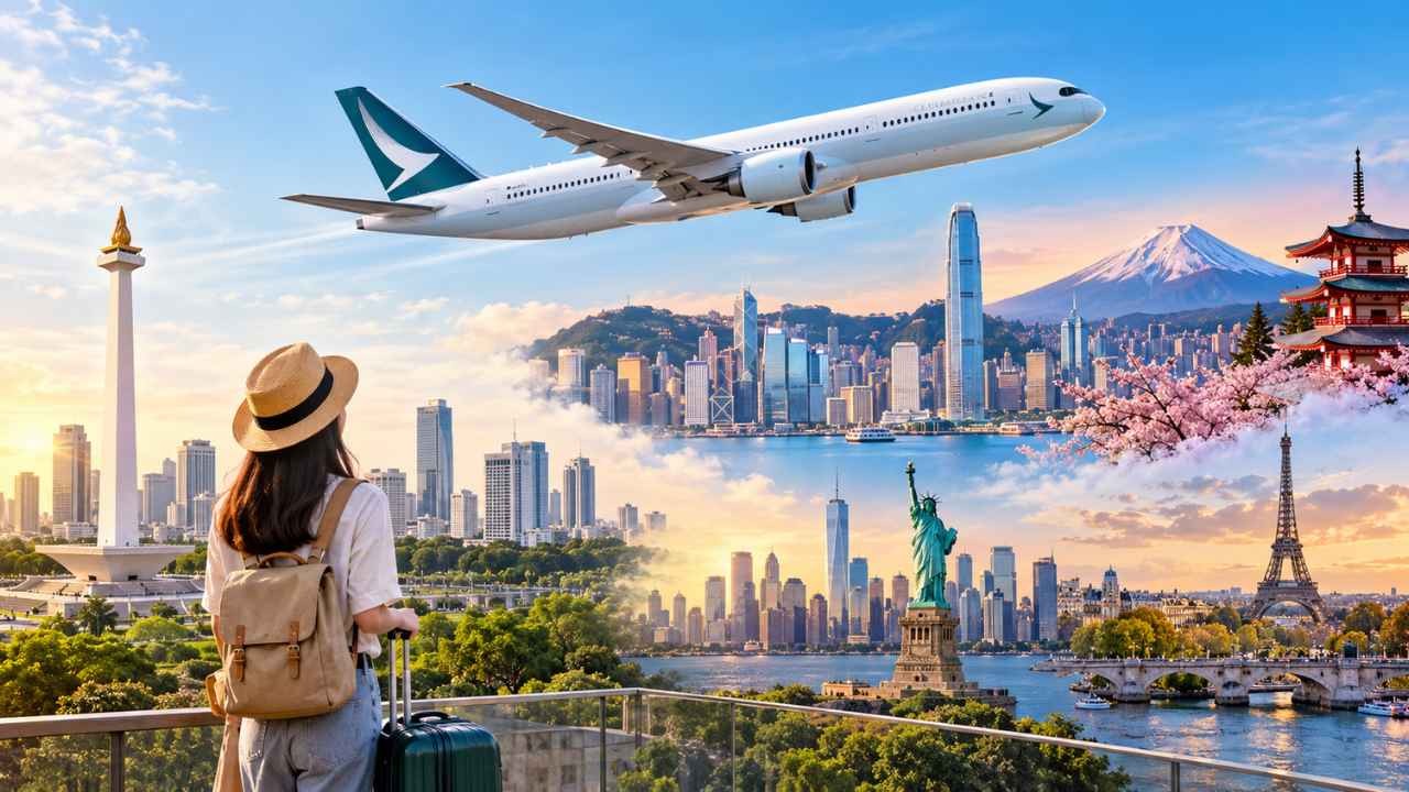 Banner promo Cathay Pacific 80th AnniFAREsary dengan destinasi di Asia, Amerika Utara, dan Eropa
