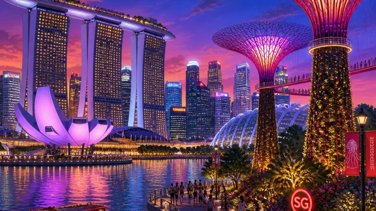 Cakrawala Marina Bay Singapura dengan deretan gedung pencakar langit dan Merlion