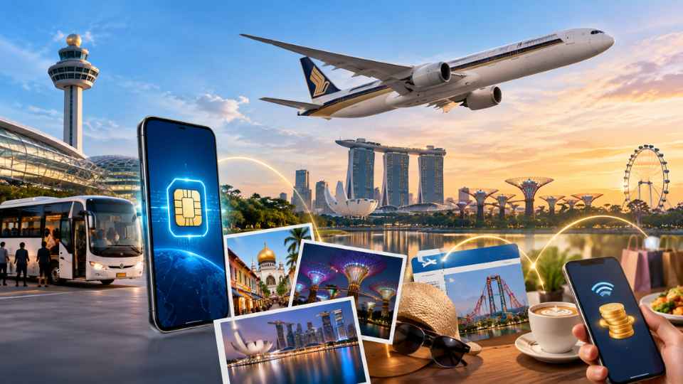 Ilustrasi penumpang Singapore Airlines memanfaatkan eSIM, Free Singapore Tour di Changi, diskon aktivitas Pelago, dan KrisFlyer miles dari Kris+