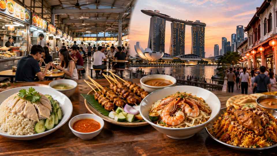 Ilustrasi aneka hidangan hawker centre Singapura seperti chicken rice, satay, hokkien mee, dan biryani dengan latar Marina Bay