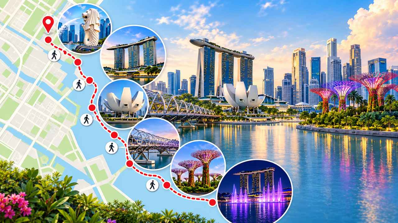 Pejalan kaki menyusuri promenade Marina Bay Singapura dengan latar gedung pencakar langit dan Marina Bay Sands