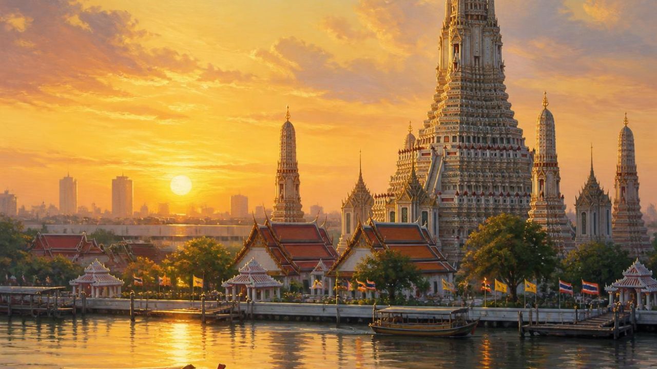 Panorama kota Bangkok dengan gedung pencakar langit dan atap kuil Thailand