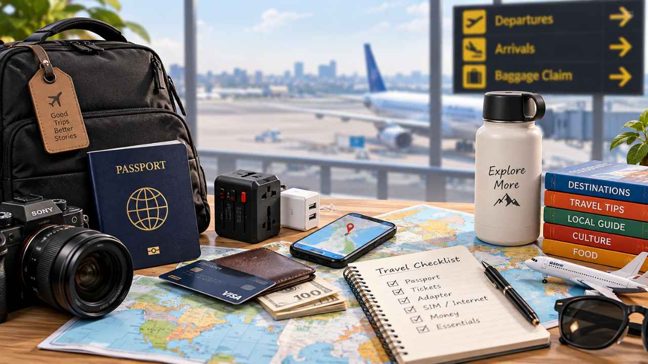 Ilustrasi perlengkapan travel essentials: paspor, travel adapter, kartu SIM, power bank, dan peta