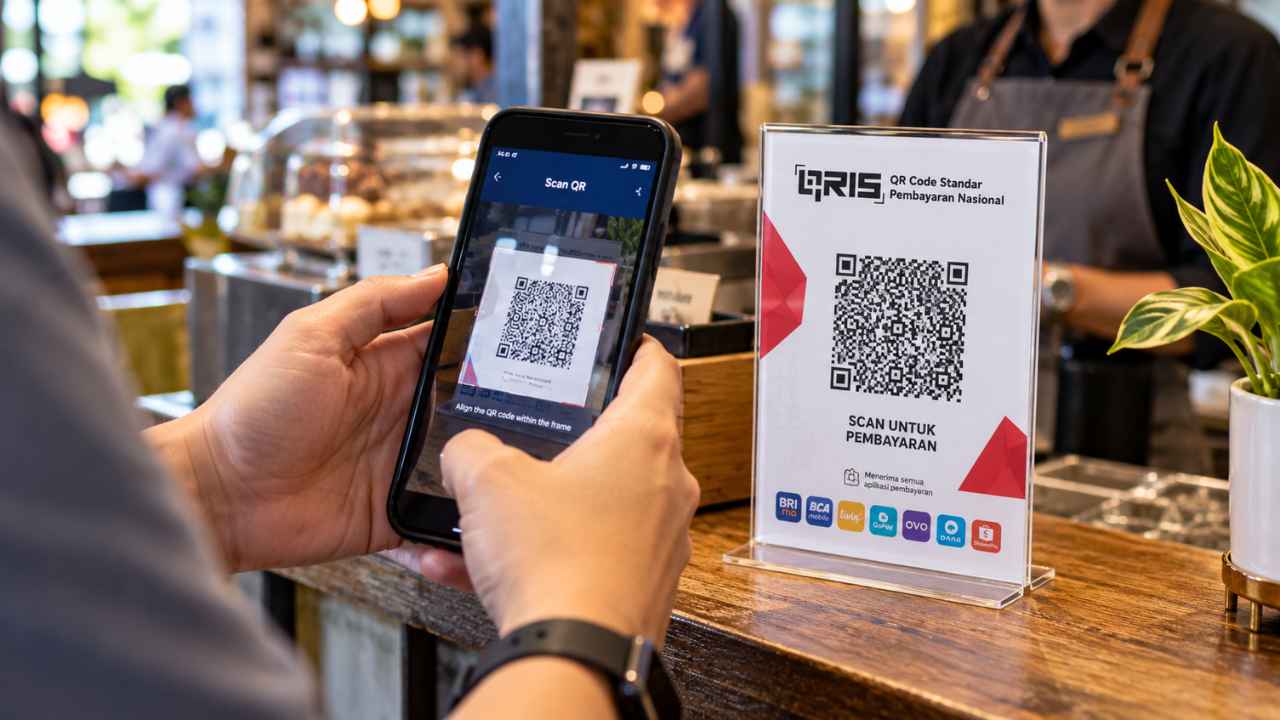 Seorang pelanggan memindai kode QRIS memakai aplikasi pembayaran di ponselnya di depan meja kasir kafe, sementara papan QRIS bertuliskan 'SCAN UNTUK PEMBAYARAN' berdiri di meja