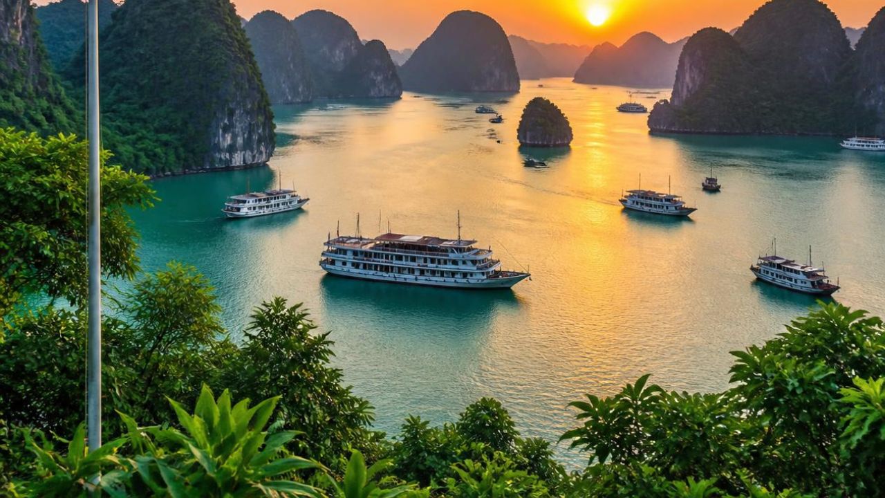 Pemandangan karst Halong Bay Vietnam dengan perahu tradisional dan laut hijau