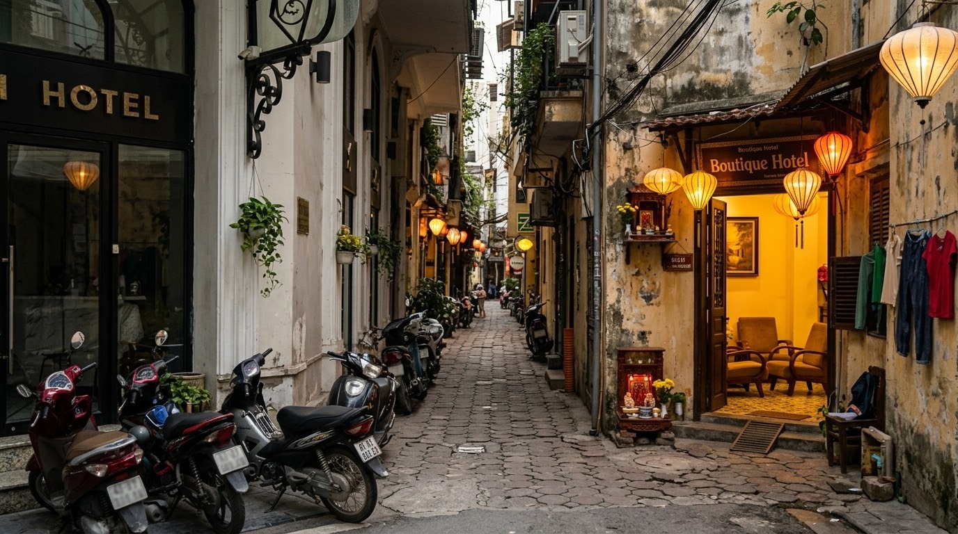 Gang sempit beralas batu di Old Quarter Hanoi dengan plang hotel, lentera gantung, dan deretan sepeda motor yang terparkir rapat di kedua sisi lorong