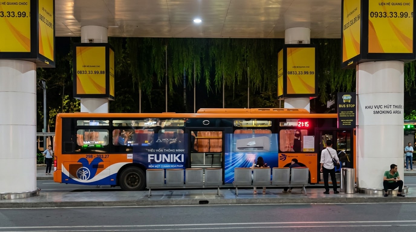 Bus Ekspres 86 berwarna oranye-kuning terparkir di halte Bandara Noi Bai pada malam hari dengan penumpang menunggu di kursi tunggu
