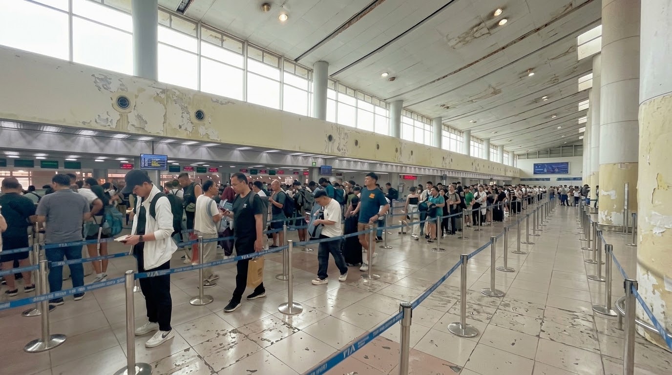 Deretan penumpang asing mengantre panjang di aula imigrasi Terminal 2 Bandara Noi Bai Hanoi dengan pembatas tali biru di antara tiang logam