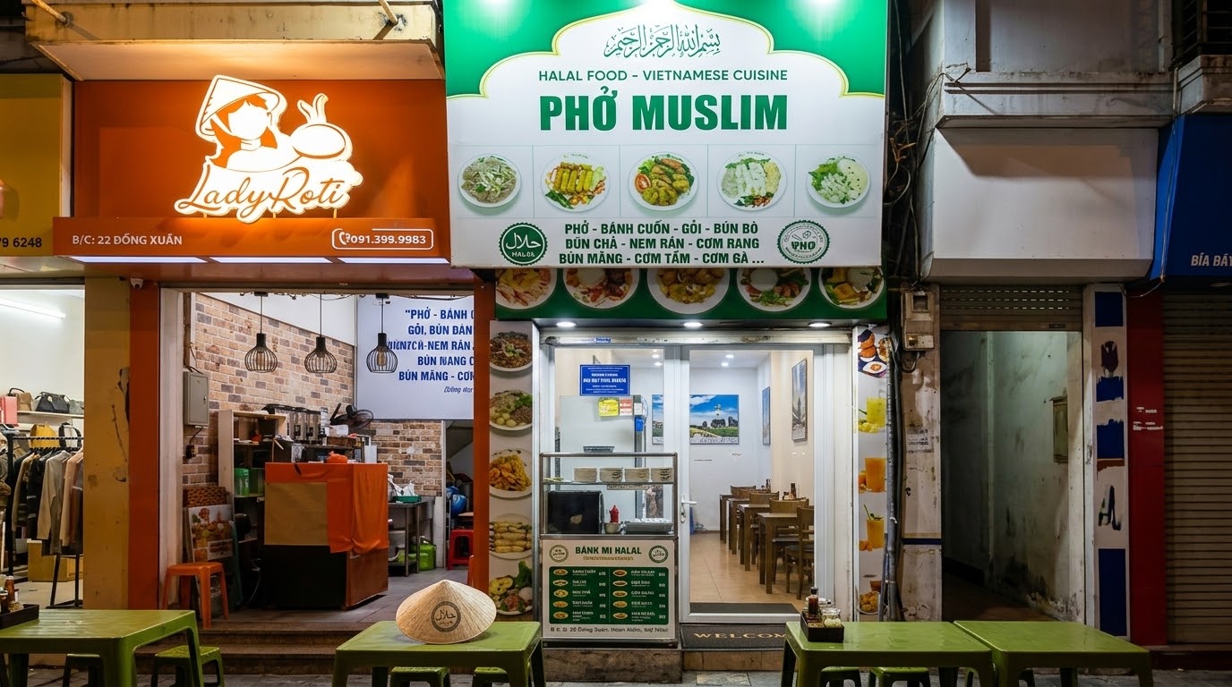 Plang hijau Phở Muslim bertuliskan Halal Food Vietnamese Cuisine di Jalan Đồng Xuân Hanoi dengan deretan meja dan kursi plastik hijau di depannya