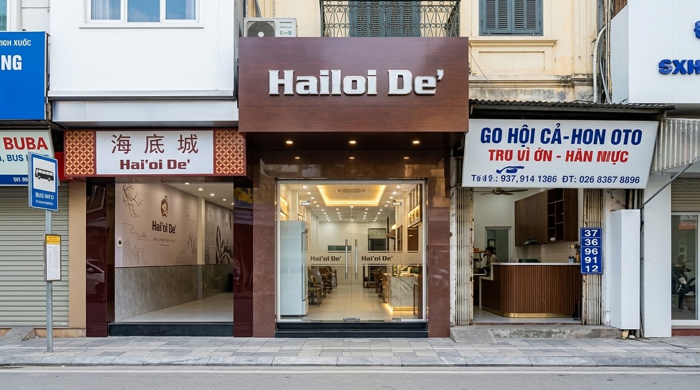 Deretan muka bangunan sempit yang berdempetan di Kota Tua Hanoi lengkap dengan plang restoran dan toko di sepanjang trotoar