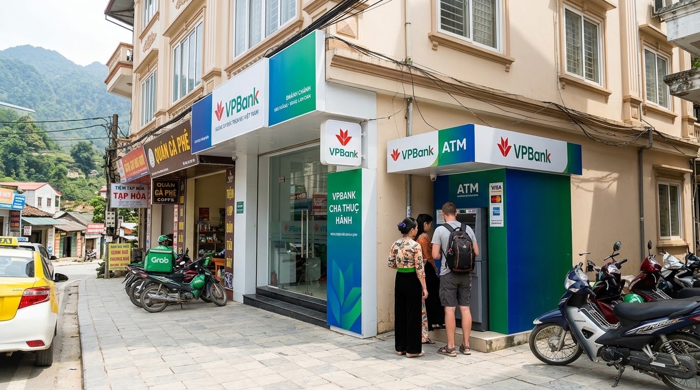 Traveler beransel sedang menarik uang di mesin ATM VPBank di pinggir jalan Vietnam, di samping pengendara ojek daring dan deretan sepeda motor yang terparkir
