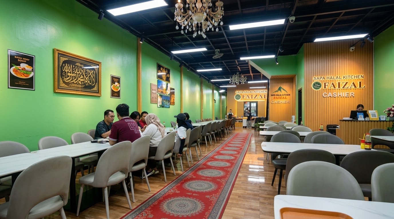 Ruang makan Faizal Sapa Halal Kitchen dengan dinding hijau, karpet merah di lorong, lampu gantung kristal, dan deretan meja panjang berisi pelanggan