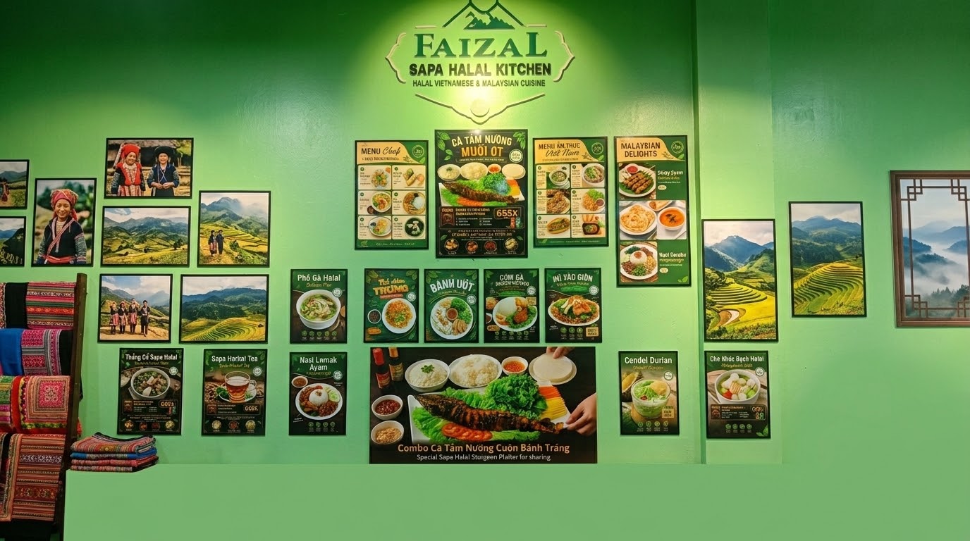 Dinding menu Faizal Sapa Halal Kitchen yang dipenuhi poster hidangan Vietnam dan Melayu, mulai dari phở gà halal, cá tầm nướng, bánh ướt, sampai cendol durian, dengan foto sawah terasering Sa Pa dan potret perempuan etnis Hmong di sekelilingnya